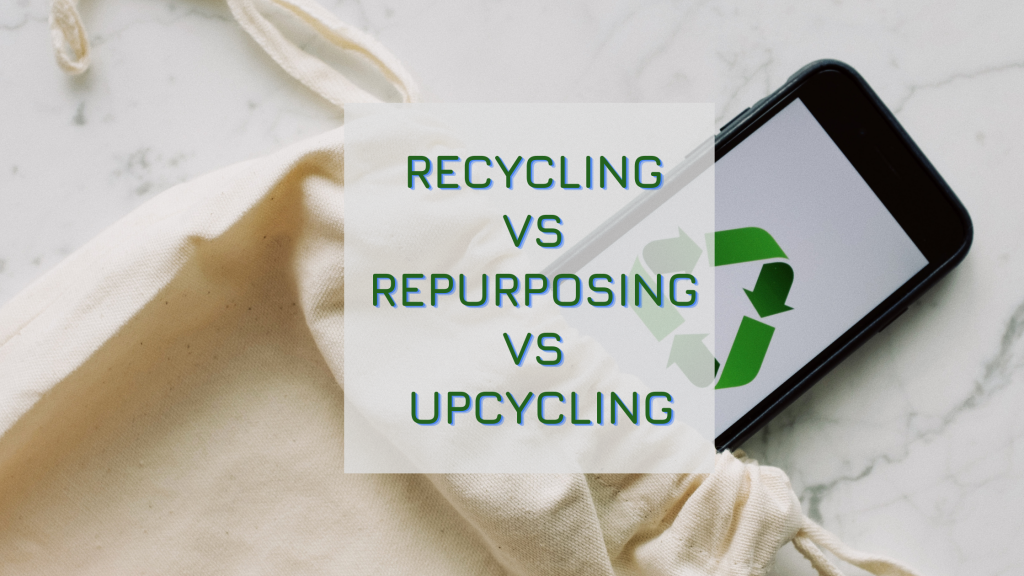 A text box with the terms "Recycling vs Repurposing vs Upcycling" against a background of a cloth bag and a phone with the recycling symbol on its screen.