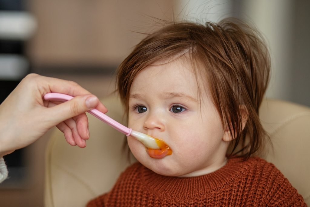 A baby is fed healthy baby food from a spoon by their parent.