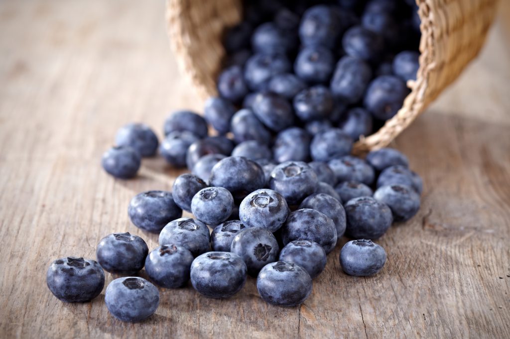 Blueberries falling out of a basket onto a wooden surface. Blueberries are great baby foods. 