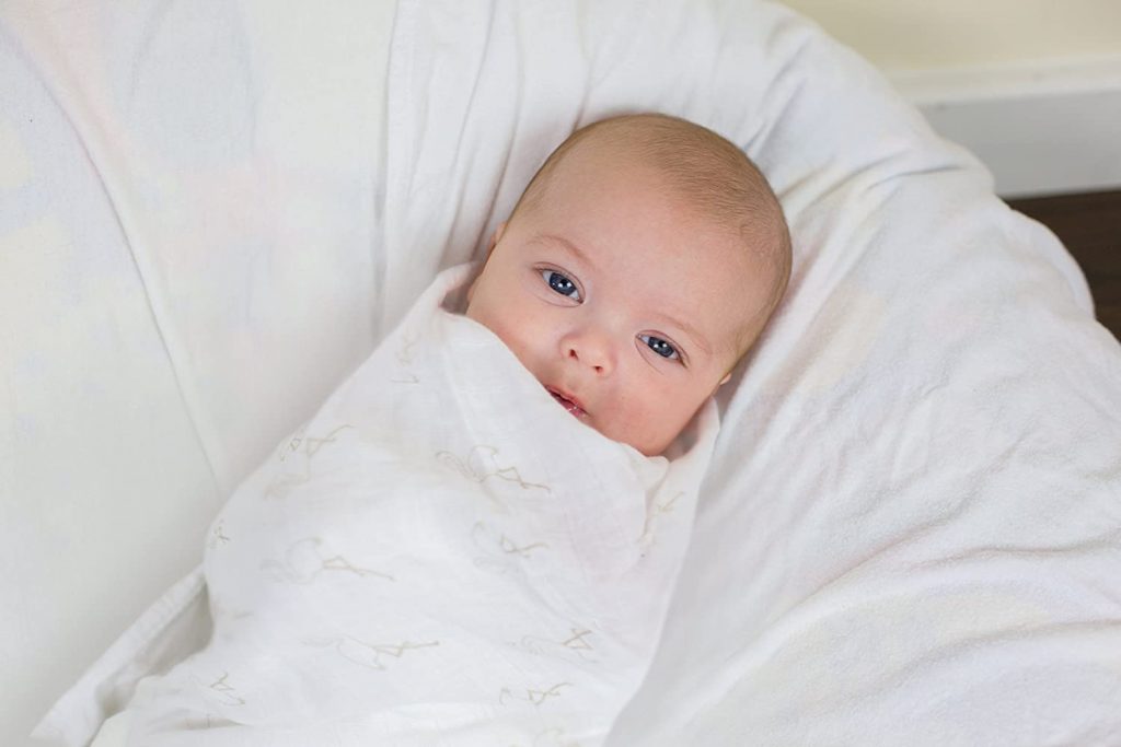 A baby wrapped up and swaddled in a Funki Flamingo Premium Cotton Muslin Baby Swaddle in white color. 