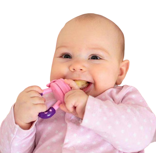 A smiling baby using SuperTots Baby Food Pacifierfilled with pureed food. White background. 