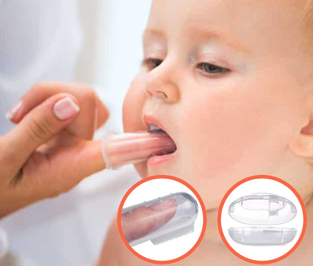 A mother using a SuperTots Finger Toothbrush inside her baby's mouth. Two smaller circles showing the finger toothbrush's features. 